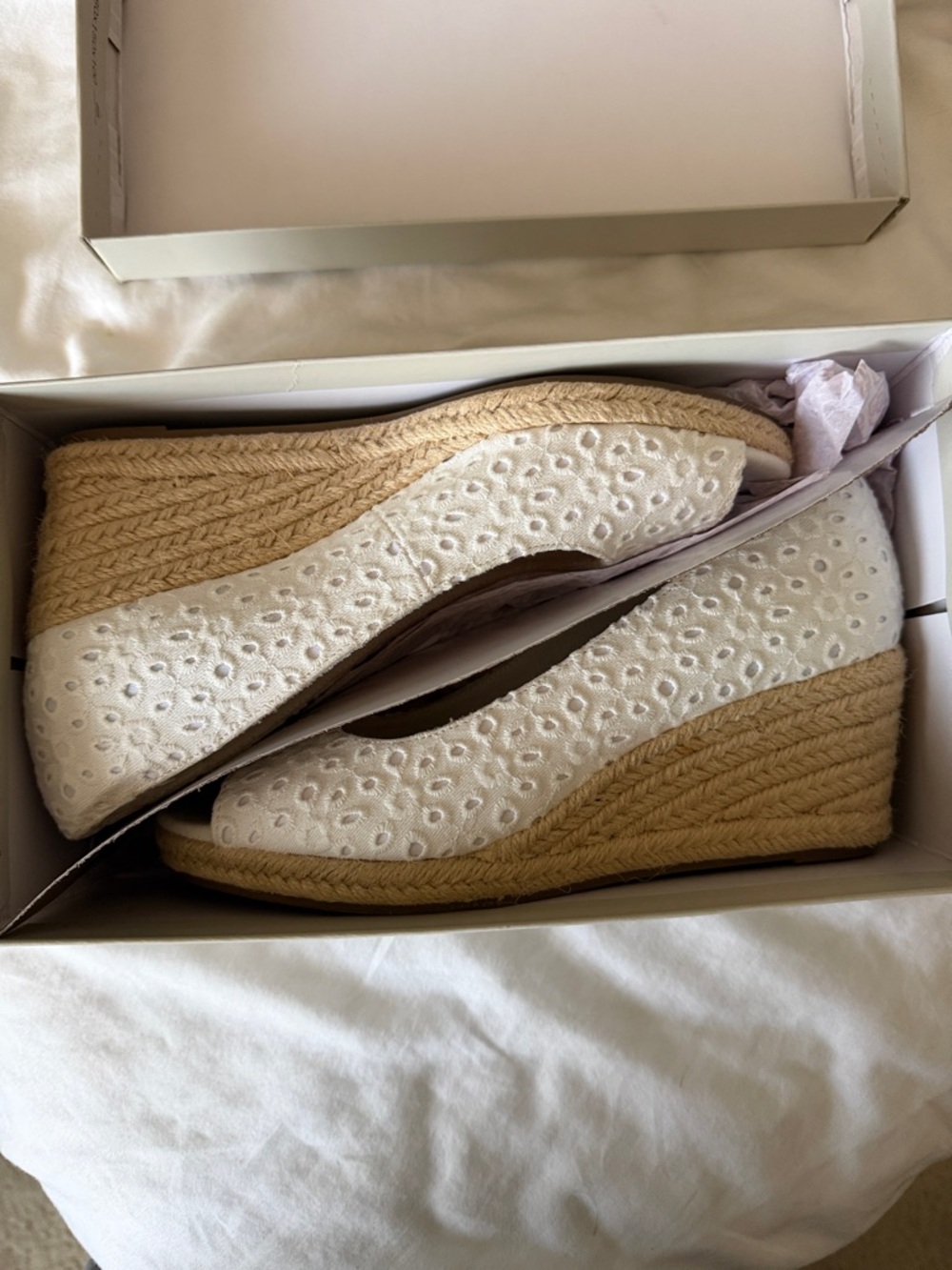 White Eyelet Espadrille Wedge Pumps